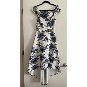 White and Blue Floral Off the Shoulder Dress